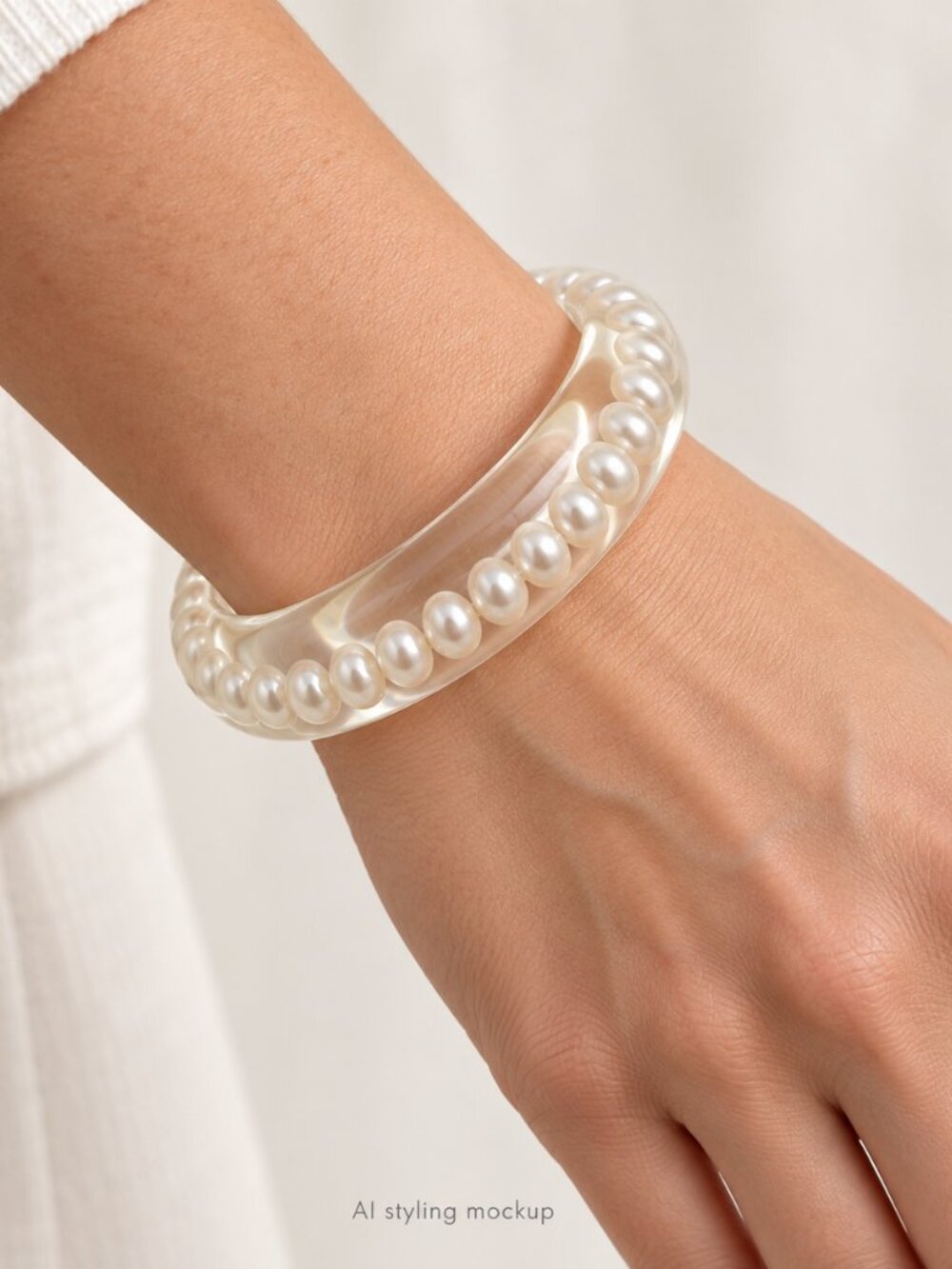 Clear Vintage Lucite Bangle Bracelet with Encased Faux Pearls